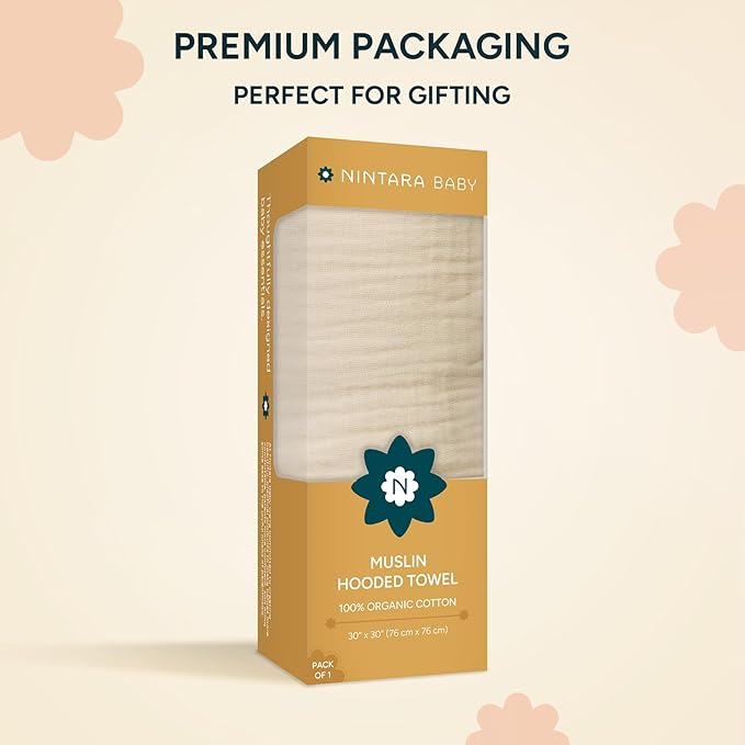 Hands-Free Hooded Towel 100% Organic Premium Muslin Cotton, 30" x 30", Ultra-Absorbent, Soft, Breathable, Hypoallergenic, Multipurpose, Gifts for Babies & Infants