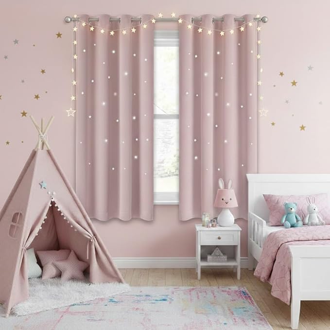NICETOWN Blackout Kids Curtains for Baby's Room, 2 Panels Cutout Stars Romantic Starry Sky Space Theme Blackout Windows Curtains 63 inches Length, 52" Wide, Light Pink
