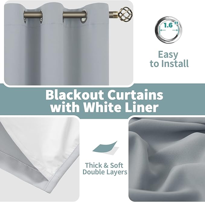 BGment Blackout Curtains for Bedroom 63 Inch Length 2 Panels Set, Thermal Insulated Bedroom Curtains Soundproof Room Darkening Window Curtain Drapes, Each Grommet Curtains 52 Inch Wide, Light Grey