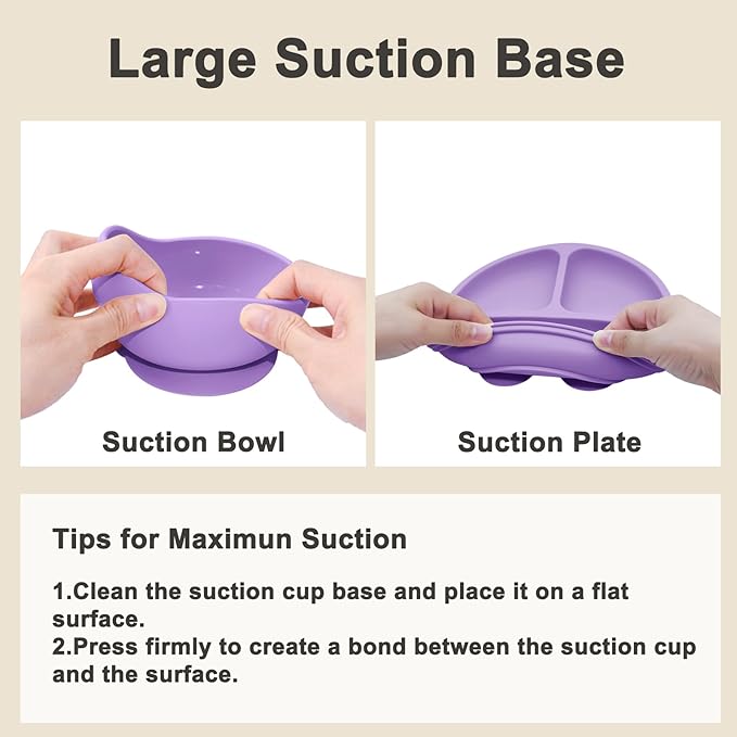 Munlinder Silicone Baby Feeding Set | Baby Led Weaning Supplies Includes Suction Bowls and Divided Plates, Adjustable Bib, Baby Utensils Spoons and Forks,Cup | Baby Feeding Essentials (Purple)