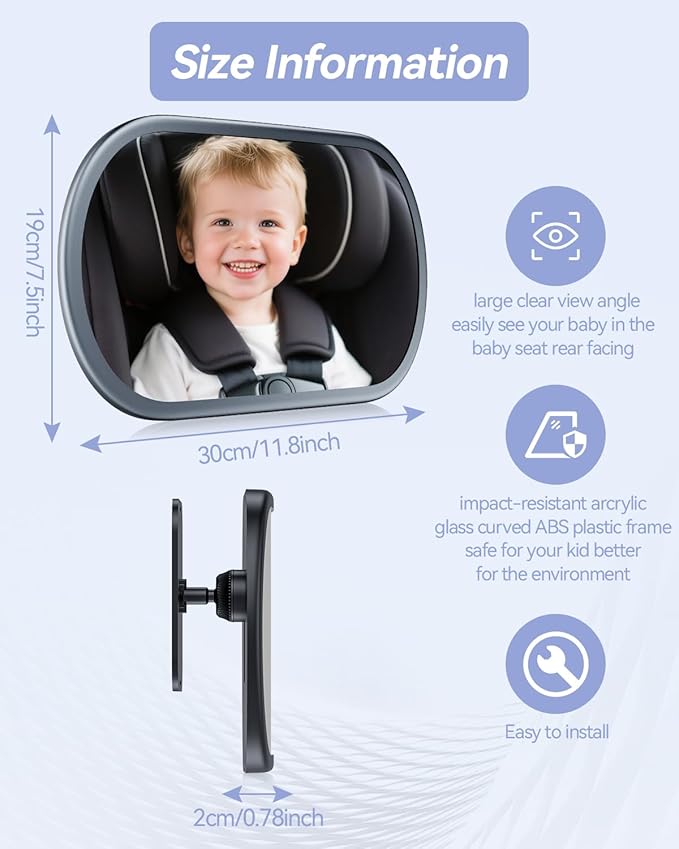 Baby Car Mirror for Backseat - Rear Facing Car Seat Mirror Safety for Infant Newborn - Easily Observe the Baby Move,Clear Wide View,360°Rotation, Secure, Shatterproof - Grey
