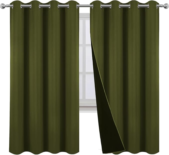 LEMOMO 100% Blackout Curtains 52 x 63 Inch Olive Green Curtains 2 Panels Darkening Thermal Insulated Bedroom Curtains