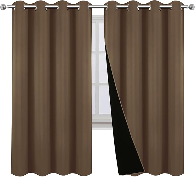LEMOMO 100% Blackout Curtains 52 x 63 Inch Cappuccino Curtains 2 Panels Darkening Thermal Insulated Bedroom Curtains