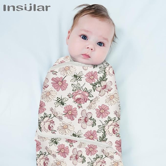 insular Baby Swaddle Wrap, Swaddle Blanket for Newborn and Infant, Adjustable Swaddling Set for Boy and Girl, Soft Cotton Baby Sleep Sack 3 Pack, Floral, Medium(3-6 Month)