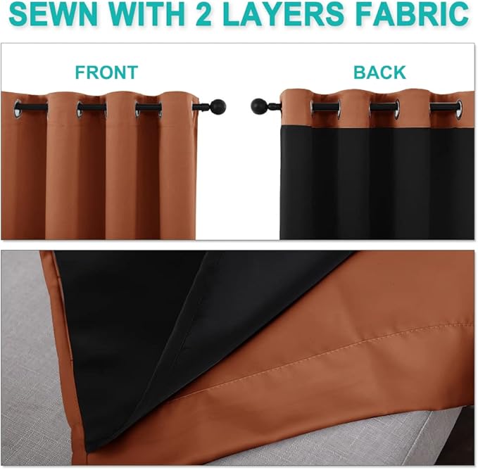 NICETOWN Full Shading Curtains 90 inches Long 2 Panels Set for Windows, Super Heavy-Duty Black Lined Blackout Curtains for Bedroom, Privacy Assured Window Treatment (Burnt Orange, 52 inches W)