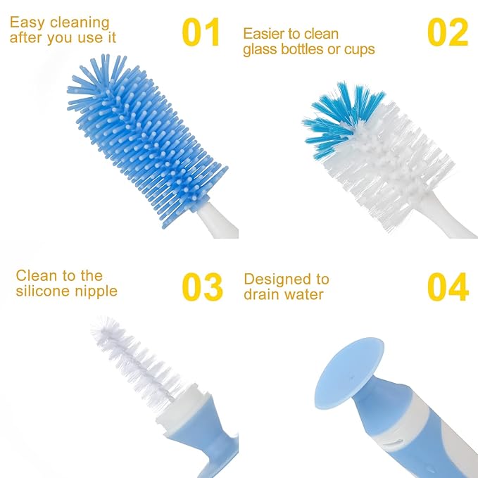 Chemimoso Multifunctional Cleaning Brush, Baby Bottle Brush, Bottle Brush Cleaner, Rotate The Suction Cup to Obtain The Small Bristle Brushes, Set Z, Blue, Silicone and Nylon Brush