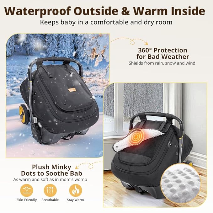 Bioby Waterproof Baby Car Seat Cover, Infant Car Seat Cover for Boy Girl, Roomy Cozy Windproof Sun Protection Baby Carseat Covers Canopy with Breathable Net and Holes, Universal Fitted Black