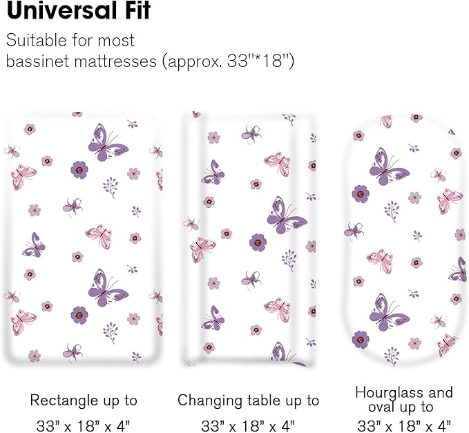 Little Grape Land Bassinet Sheets 4 Pack, 33" x 18" Fitted Bassinet Sheets Up to 4" Deep Pocket, Ultra Soft Baby Bassinet Fitted Sheets for Bassinet Mattress, Butterfly Bloom