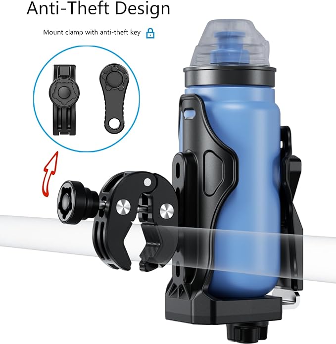 Kewig Anti-Theft Motorcycle Cup Holder, Extra Large Adjustable Size Bike Water Bottle Holder for 1.95 – 3.6" Diameter Bottles, Motorcycle Drink Holder for Stroller, Moto, Bicycle, Scooter, Wheelchair