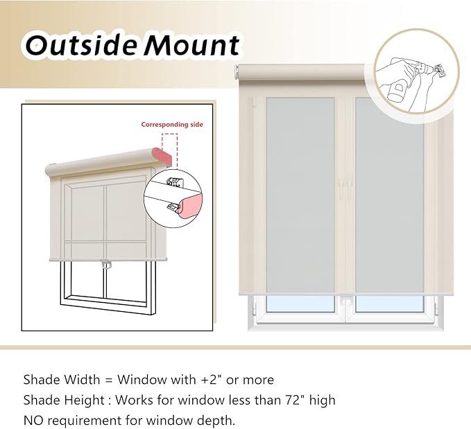 AOSKY Cordless Roller Shades for Windows Light Filtering Shades with 5% Openness Solar Screen Semi Sheer Roller Blinds UV Protection for Office and Home. Easy to Install 40" W x 72" H (Beige)