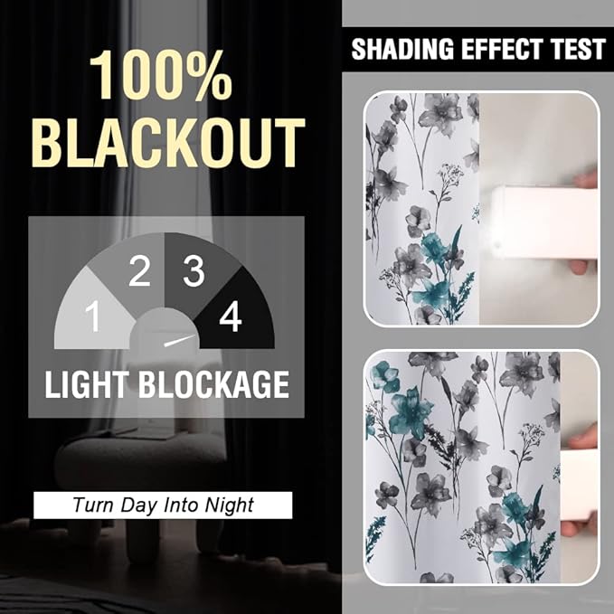 H.VERSAILTEX 100% Blackout Curtains 84 inch Length 2 Panels Set Cattleya Floral Printed Drapes Leah Floral Thermal Curtains for Bedroom with Black Liner Sound Proof Curtains, Grey and Teal