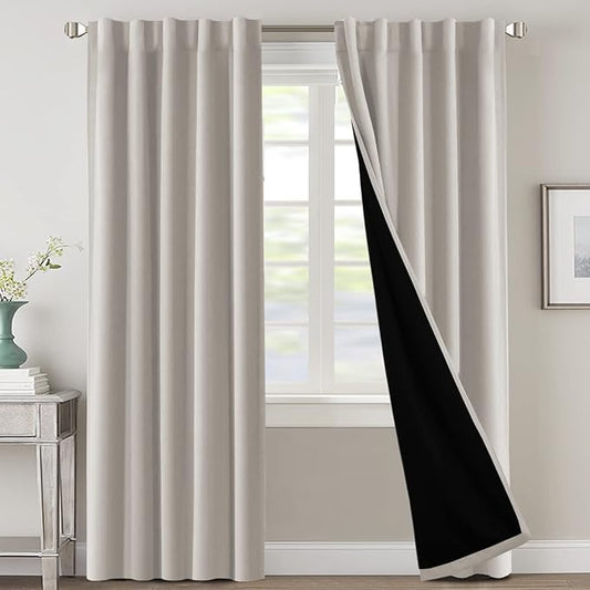 H.VERSAILTEX 100% Blackout Curtains for Bedroom with Black Liner Full Room Darkening Curtains Thermal Insulated Back Tab/Rod Pocket Window Drapes for Living Room, 2 Panels, 42 x 84 Inch, Pumice Stone