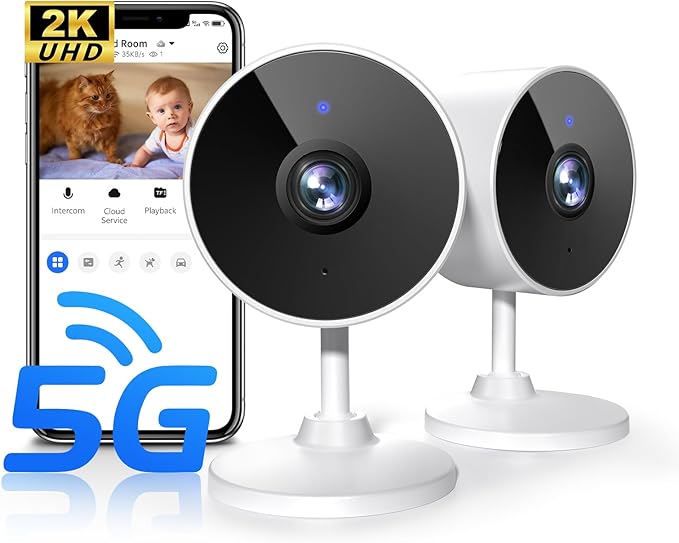 5G/2.4G Cameras for Home Security - 2K Home Cameras Indoor with AI Motion Detection, Night Vision, 2-Way Audio for/Pet/Dog/Cat/Baby Monitor, 24/7 SD Recording with Phone App, 2PCS
