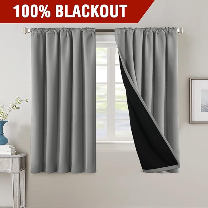 H.VERSAILTEX 100% Blackout Curtains for Bedroom with Black Liner Full Room Darkening Curtains 63 Inches Long Thermal Insulated Back Tab/Rod Pocket Window Drapes for Living Room, 2 Panels, Dove Grey