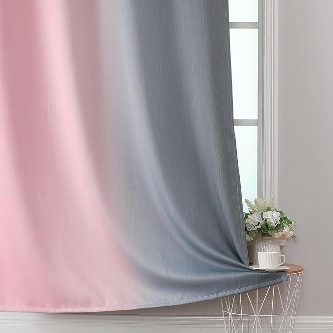 Estelar Textiler Pink and Grey Ombre Blackout Curtains for Living Room, Full Room Darkening Curtains for Bedroom, Light Blocking Grommet Thermal Insulated Gradient Drapes, 2 Panels, 42x96 Inch