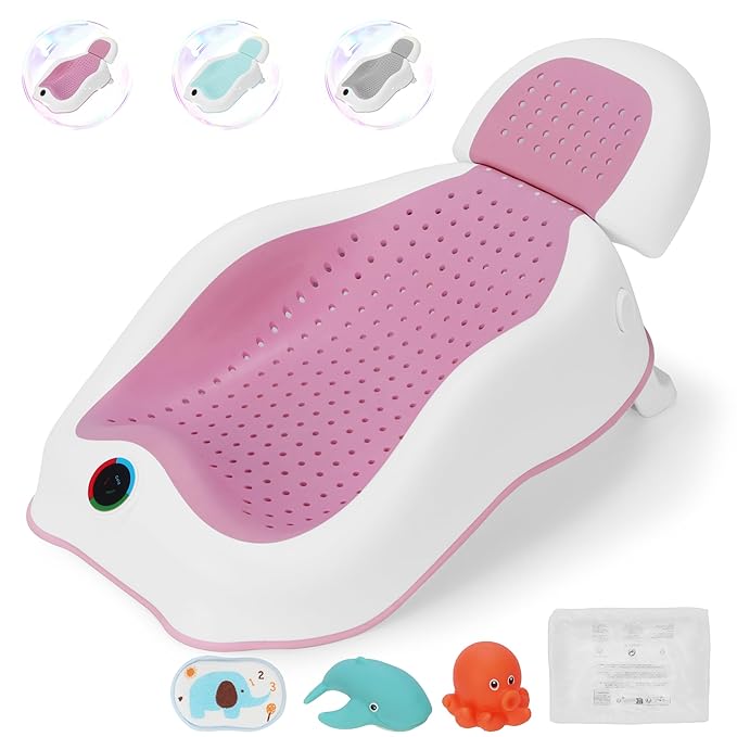 Baby Bath Support | Newborn Bathtub, With Thermometer, Collapsible, Ergonomically Designed, Baby Tubs for Newborn Essentials Must Haves (Pink)
