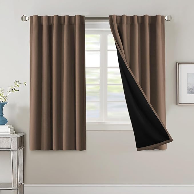 H.VERSAILTEX 100% Blackout Curtains for Bedroom with Black Liner Full Room Darkening Curtain Thermal Insulated Back Tab/Rod Pocket Window Drapes for Living Room, 2 Panels, 42 x 63 Inch, Macchiato