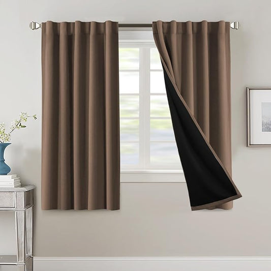 H.VERSAILTEX 100% Blackout Curtains for Bedroom with Black Liner Full Room Darkening Curtain Thermal Insulated Back Tab/Rod Pocket Window Drapes for Living Room, 2 Panels, 42 x 63 Inch, Macchiato
