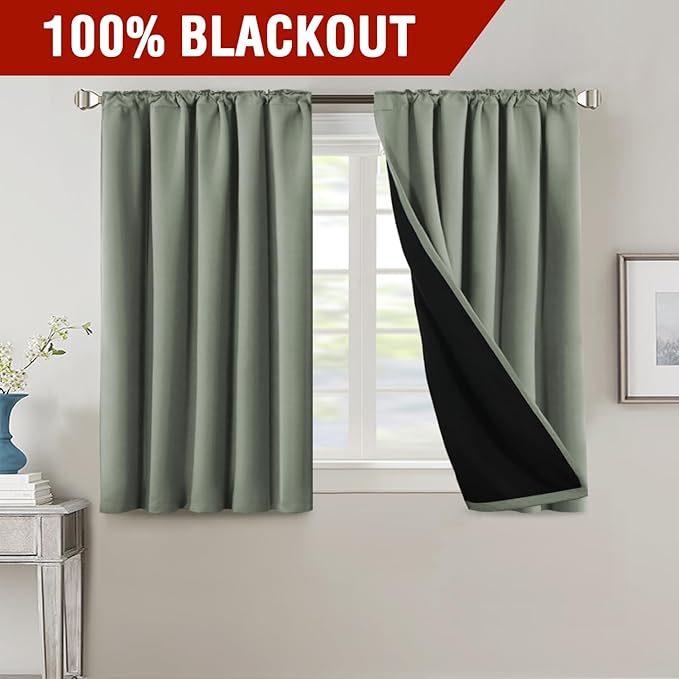 H.VERSAILTEX 100% Blackout Curtains for Bedroom with Black Liner Full Room Darkening Curtains 45 Inch Long Thermal Insulated Back Tab/Rod Pocket Window Drapes for Living Room, 2 Panels, Cyan
