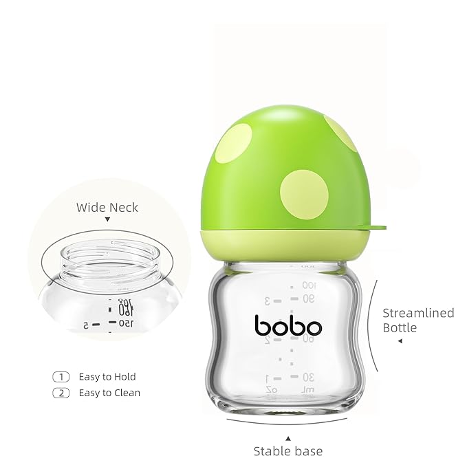 YOHKOH Natural Glass Baby Bottle with Level 1 Slow Flow Nipple, Newborn Anti-Colic Baby Bottles, Wide Neck Mushroom Baby Glass Bottle (Green, 3.4oz (Pack of 2))