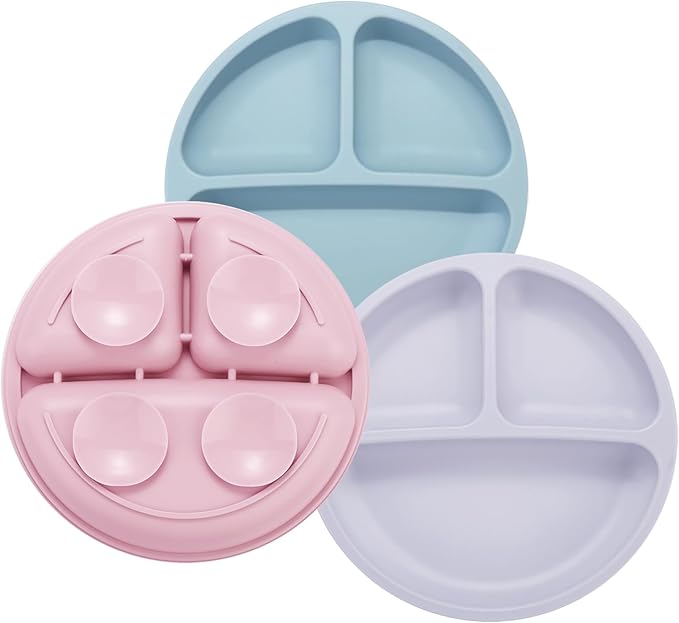 PandaEar 3 Pack Toddler Plates, Silicone Divided Suction Plate for Babies, BPA-Free 100% Food-Grade Silicone Unbreakable Baby Plate (Pink/Purple/Blue)
