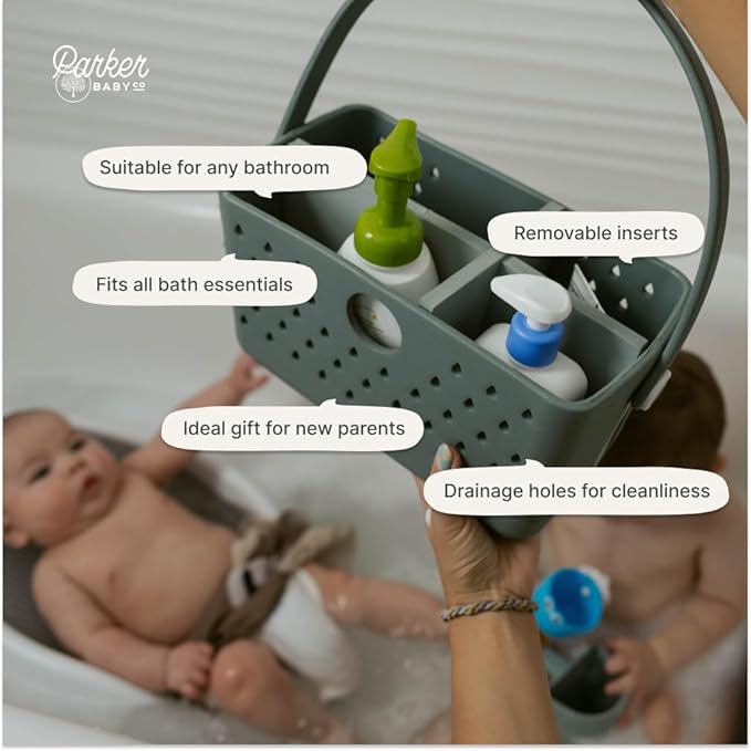 Parker Baby Bath Caddy | BPA Free & Food Grade Shower Caddy Organizer for Toys & Supplies | Quick-Dry, Sturdy & Perfect Size Shower Basket w/Handle in Neutral Colors