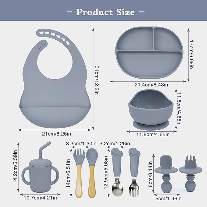 SILI FACTORY Silicone Baby Feeding Set - 10PCS Suction Baby Bowl and Divided Toddler Plates Adjustable Bib Cup Spoons Forks -Baby Led Weaning Supplies, Baby Utensils Eating Essential Set for 6+ Months