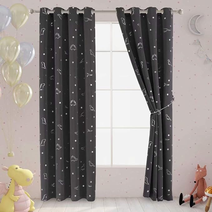 LORDTEX Dinosaur and Star Foil Print Blackout Curtains for Kids Room - Thermal Insulated Curtains Noise Reducing Window Drapes for Boys and Girls Bedroom, 52 x 95 Inch, Grey, Set of 2 Panels