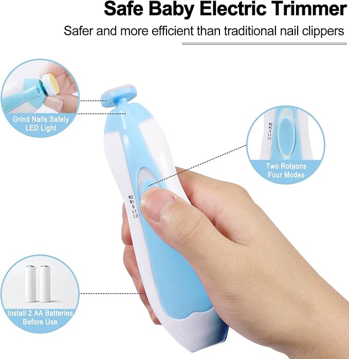Baby Nail Trimmer Electric, Low Noise Newborn Safe Nail Clipper Kit with Light and Replaceable 6 Grinding Heads, Hand-Holding Care Polish and Trim for Infant Toddler Adults Toes Fingernails, Blue