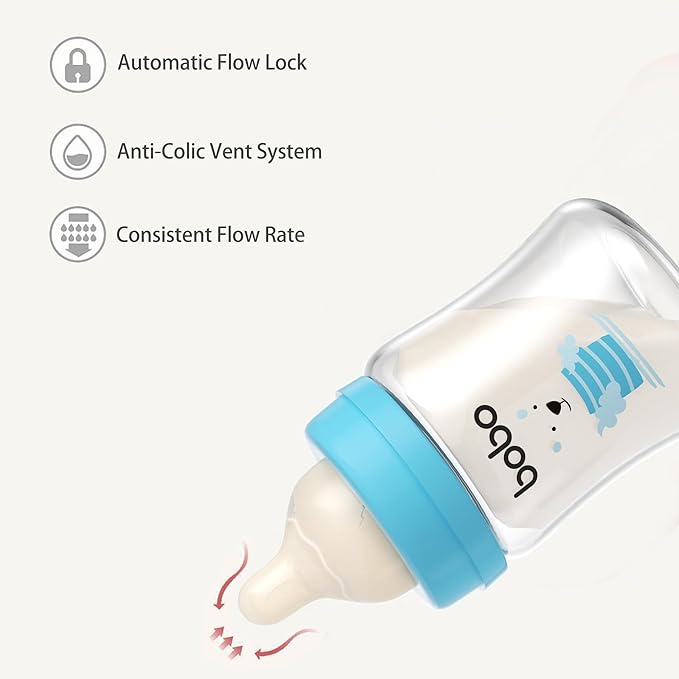 YOHKOH Glass Baby Bottles with Slow Flow Nipple, Newborn Anti-Colic Baby Bottles for 0+ Months, Wide Neck Feeding Bottle, Clear (Multicolour, 5oz (Pack of 2))