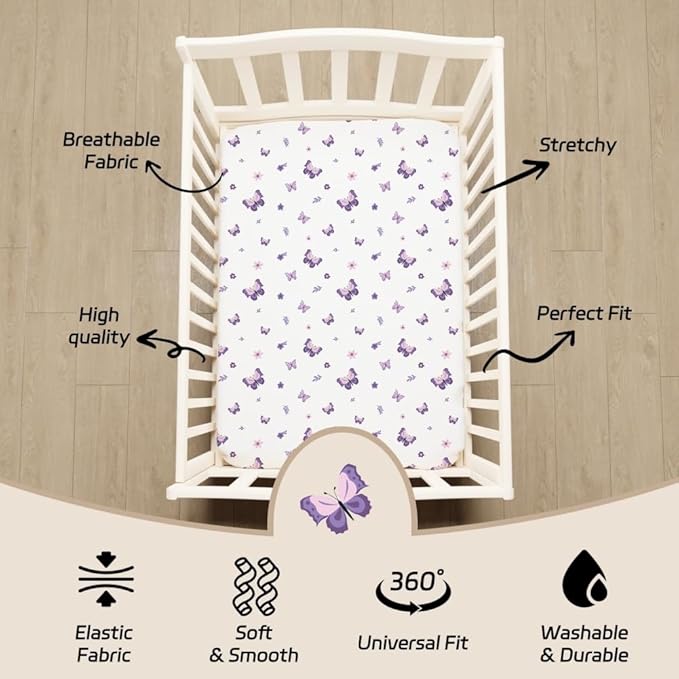 4 Pack Butterfly Baby Crib Sheets for Baby Girls Purple Crib Fitted Sheets for Standard Size Crib and Toddler Mattress Soft and Breathable (Pack N Play)