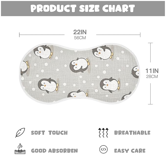 Kigai Cute Cartoon Penguin Muslin Baby Burp Cloths, Large Absorbent Cotton Muslin Burp Cloths Set of 1, Washcloths, Face Towel, Bibs for Newborn Boys Girls, 11 x22 Inch
