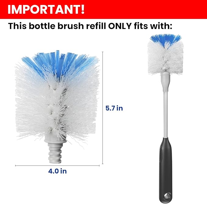 Bottle Brush Refill, 4 Pack Bottle Brush Replacement Head for OXO Bottle Brush, Dual Bristle Design for Water Bottles, Glasswares, Baby Bottles