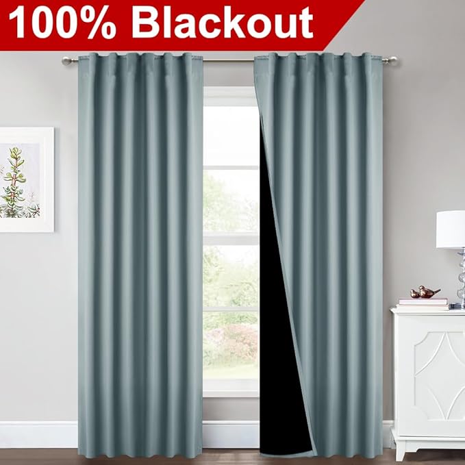 NICETOWN Greyish Blue 100% Blackout Window Curtain Panels, Cold and Full Light Blocking Drapes with Black Liner for Nursery, 84 Inches Drop Thermal Insulated Draperies (2 Pieces, 52" Wide per Panel)