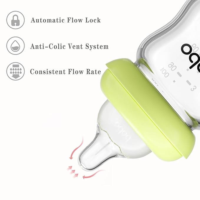 YOHKOH Natural Glass Baby Bottle with Level 1 Slow Flow Nipple, Newborn Anti-Colic Baby Bottles, Wide Neck Mushroom Baby Glass Bottle (Multicolour1, 3.4oz (Pack of 2))