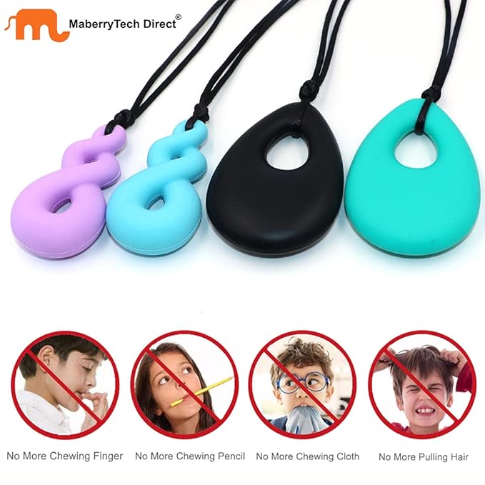 Chew Necklace for Boys and Girls, Silicone Chewy Necklace Sensory Toys for Kids Teardrop Twist Pendants, Chewing Toys for Autism or Oral Motor Special Needs BPA Free - 4 PCS Set