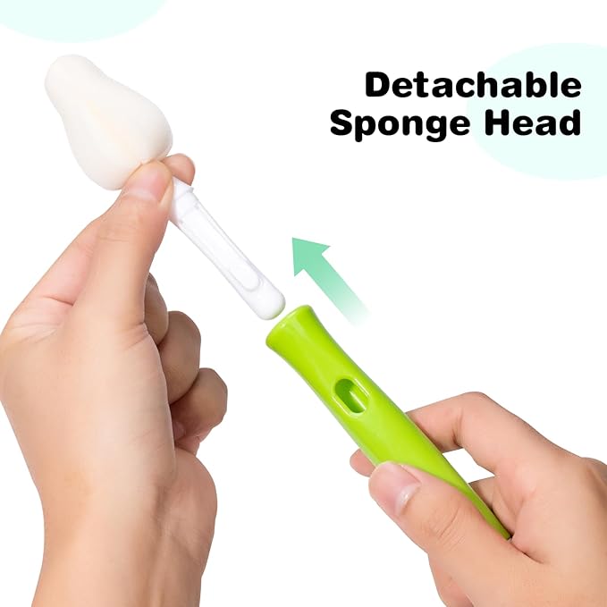 10 Pcs Sponge Bottle Nipple Brushes,4 Sponge Nipple Brushes for Baby Bottles, 4 Replacement Heads and 2 Pcs 7.87" Straws for Cleaning,Green