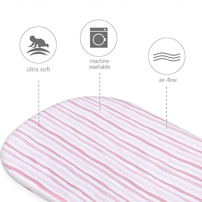 Bassinet Sheets Compatible with BIERUM Baby Bassinet Bedside Sleeper and Mika Micky Bedside Sleeper, (2 Pack), 100% Jersey Knit Cotton Fitted Sheets, Mild Pink Stripes and Hearts Print for Baby Girls