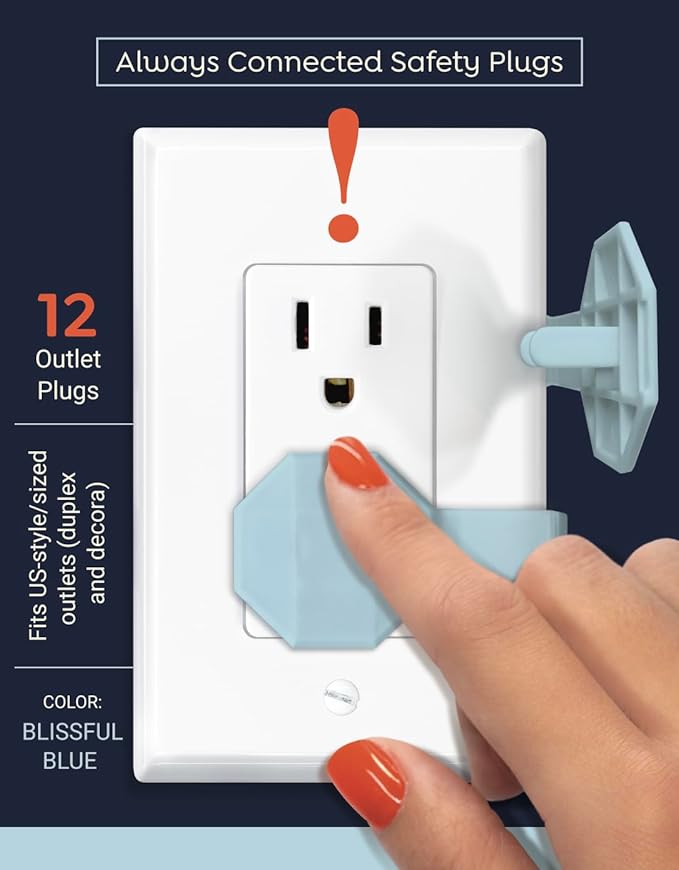 Outlet Covers Baby Proofing (6 Pack Covers 12 Outlets) – Child Safety Electrical Socket Covers – Blue Plug Protectors Easy to Install - Socket Sitter: Always Connected, Never Lost! No Choking Hazard!