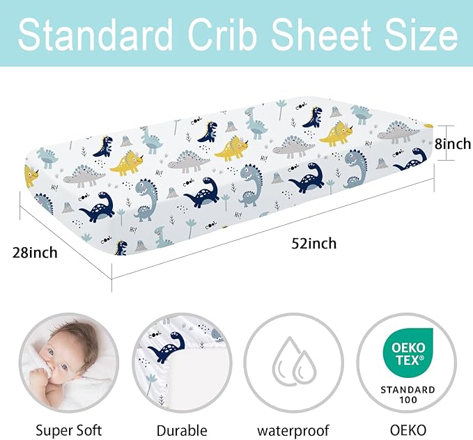 Little Grape Land Waterproof Crib Sheets for Boys Girls, Soft and Breathable Waterproof Baby Crib Sheets 52"x28", Crib Mattress Sheets Neutral for Standard Crib and Toddler Bed Mattress (Dinosaur)
