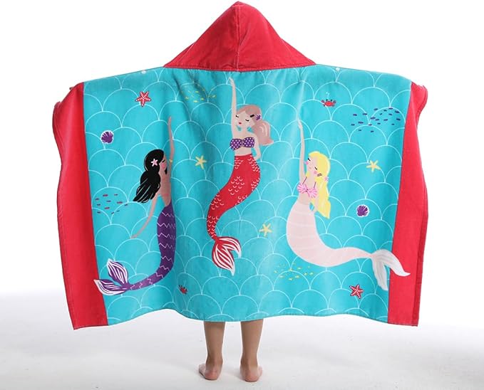 BANGSAUR Hooded Towel for Kids, 100% Cotton Soft and Absorbent, Pool Bath Beach Swim Towel Wrap, Bathrobe Coverups for Girls and Boys, Extra Large:30"×50"(Mermaid)