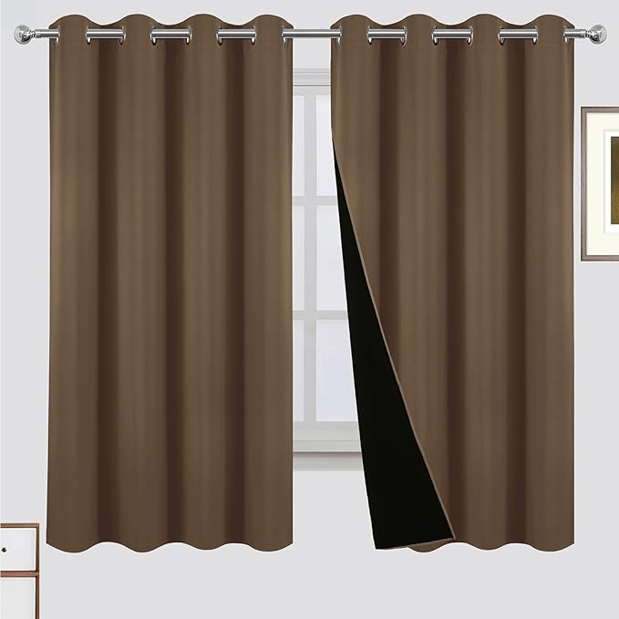 LEMOMO 100% Blackout Curtains 52 x 63 Inch Cappuccino Curtains 2 Panels Darkening Thermal Insulated Bedroom Curtains