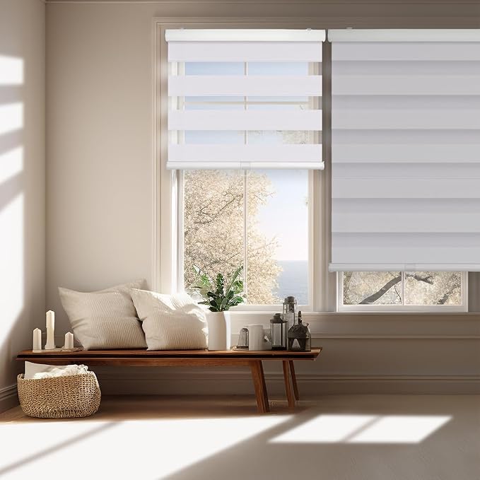 FOIRESOFT Standard Cordless Blackout Zebra Roller Shades and Blinds for Windows [Bonita, Silver White, W 26 x H 64 inch] Dual Layer Sheer Room Darkening, Select 1x1 for Custom