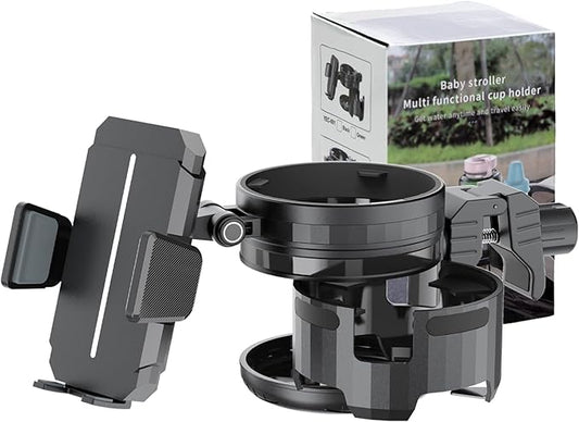 3-in-1 Universal Wheelchair Cup Holder for Walker, 360° Rotating Phone Holder with 2 Drink Holder for Bike, Rollator, Stroller, Scooter, Seniors, Bicycle, Safe and Stable, Black