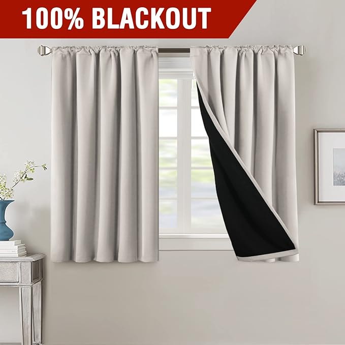 H.VERSAILTEX 100% Blackout Curtains for Bedroom with Black Liner Full Room Darkening Curtains 45 Inch Long Thermal Insulated Back Tab/Rod Pocket Window Drapes for Living Room, 2 Panels, Pumice Stone