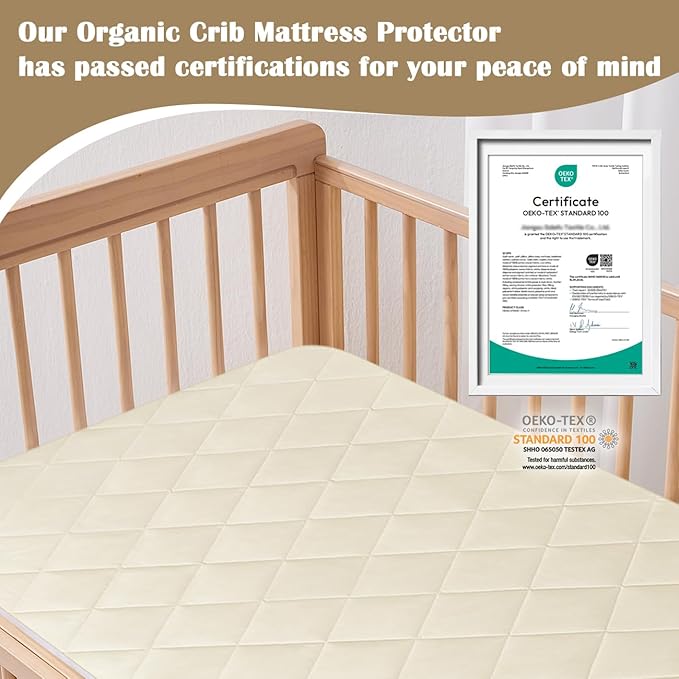 Lofe Organic Crib Mattress Protector - Top&Side Waterproof, 100% Waterproof Crib Mattress Protector, Breathable Cotton Toddler Mattress Protector, Baby Crib Mattress Cover Fitted 52x28x9 in