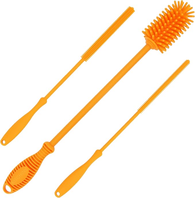 Kitchiny 12.5" Silicone Bottle Brush & Straw Cleaner Brush Set | Water Bottle Cleaner for Hydro Flasks, Tumblers, Glassware, Vases and Narrow Neck Containers