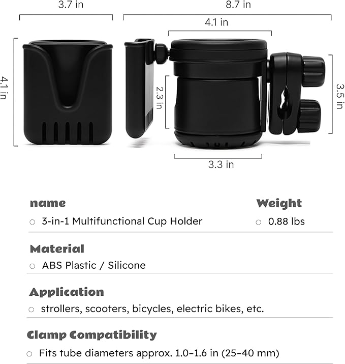 Lusinus 3-in-1 Dual Cup and Phone Holder with 360 Rotating Clamp Compatible with YOYO Stroller - Fits Bottles, Coffee Cups, Smartphones