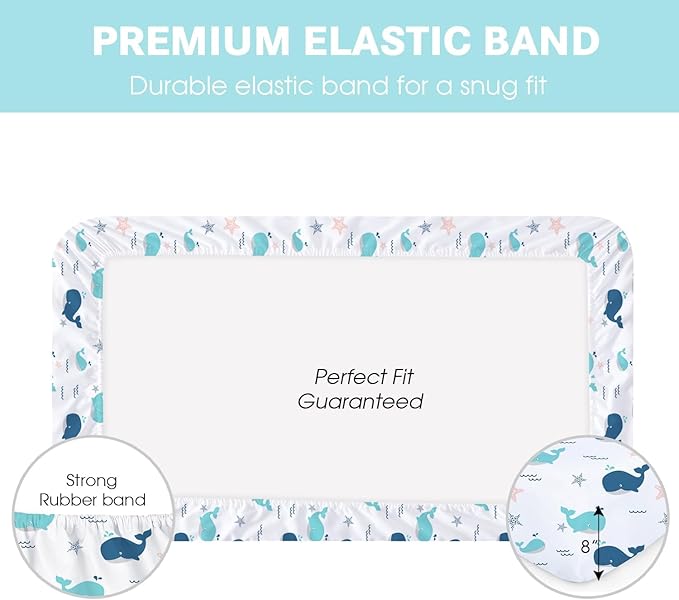 Little Grape Land Waterproof Crib Sheets for Boys Girls, Soft and Breathable Waterproof Baby Crib Sheets 52"x28", Crib Mattress Sheets Neutral for Standard Crib and Toddler Bed Mattress (Whale)