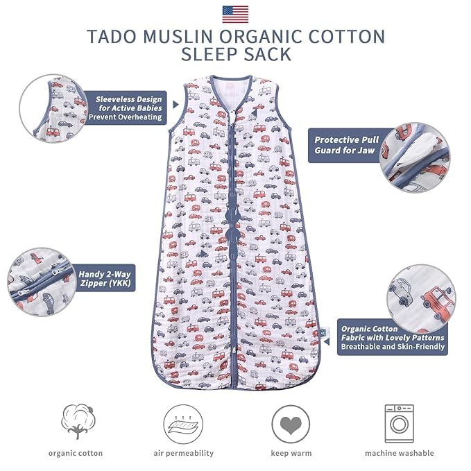 TADO MUSLIN Baby Sleep Sack 0-6 Months Wearable Blanket for Babies 100% Organic Cotton 2-Way Zipper YKK 0.5 TOG Toddler Sleeping Sacks Cars